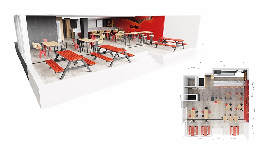 Planos Render 3D restaurante mural roca artificial lanzarote